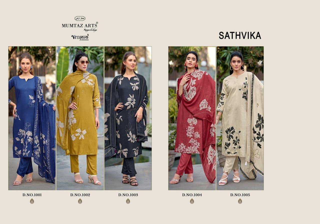   SATHVIKA BY MUMTAZ ARTS 1001 TO 1005 Series Beautiful Festive Suits Stylish Fancy Colorful Casual Wear & Ethnic Wear VISCOSE JAM DIGITAL PRINT Dresses At Wholesale Price
